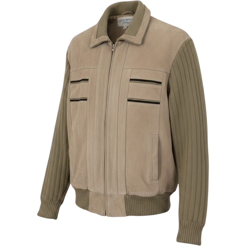 Windjammer Vintage Leather Knit Mixed Media Bomber Jacket Tan Green Mens‎ Large